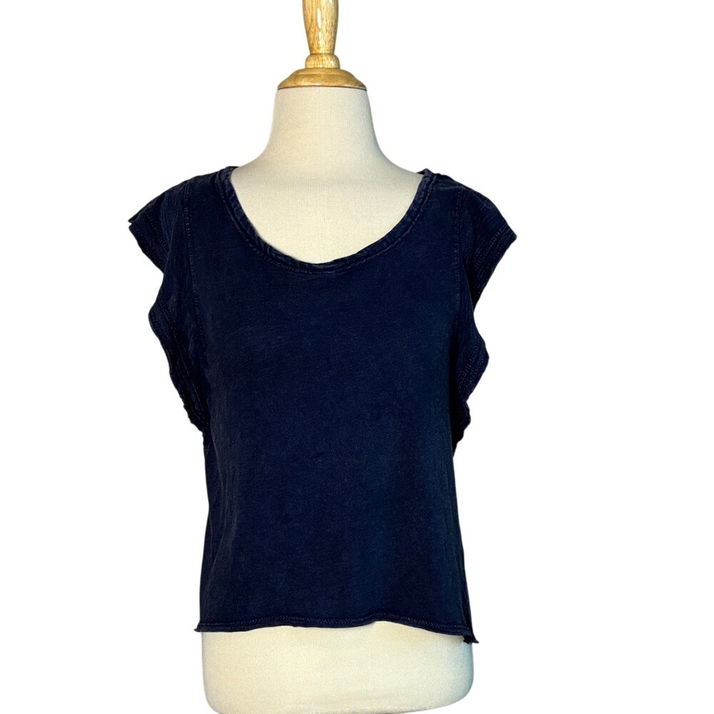 DAILY PRACTICE Anthropologie XS Navy Flutter Sleeve Cotton Top